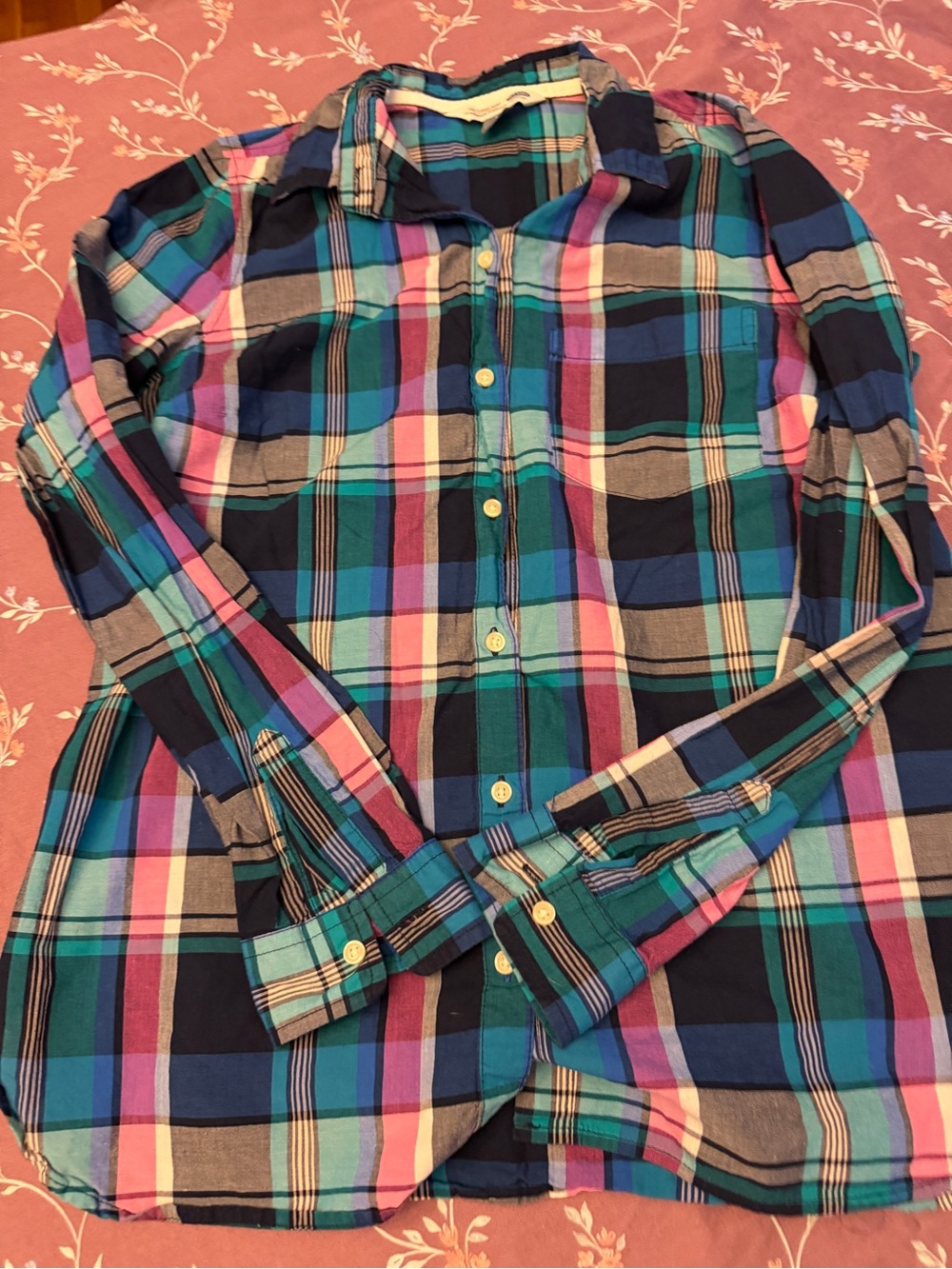 Old Navy Teal/pink/navy Plaid Classic Shirt